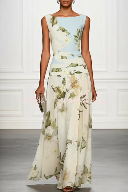 Classic Floral Print Boat Neck Ruched Waist Sleeveless A-Line Maxi Dress