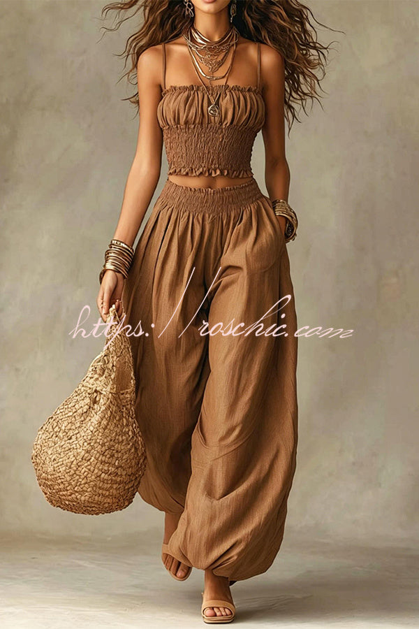 Olive Gypsy  pleated crop top and high-waisted wide-leg pants set