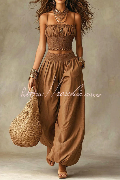Olive Gypsy  pleated crop top and high-waisted wide-leg pants set