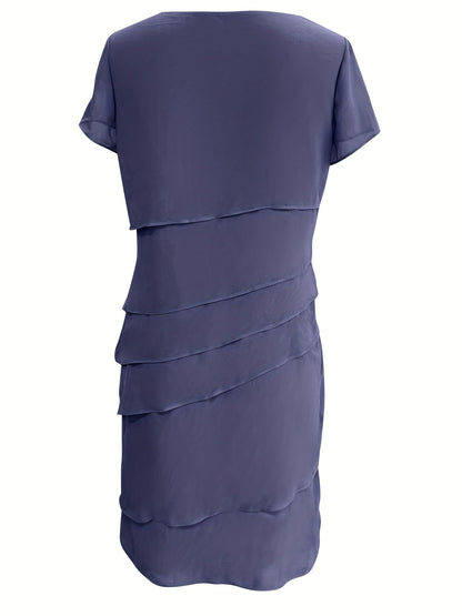 Amadis Minimalist Cotton Layered Trim Round Neck Short Sleeve Evening Dress for Women Premium Wardrobe Essential