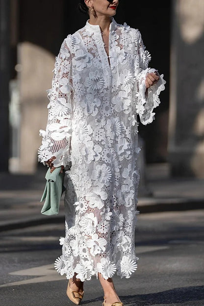 Solid Color Hollow Embroidery Loose Long Sleeve Midi Dress