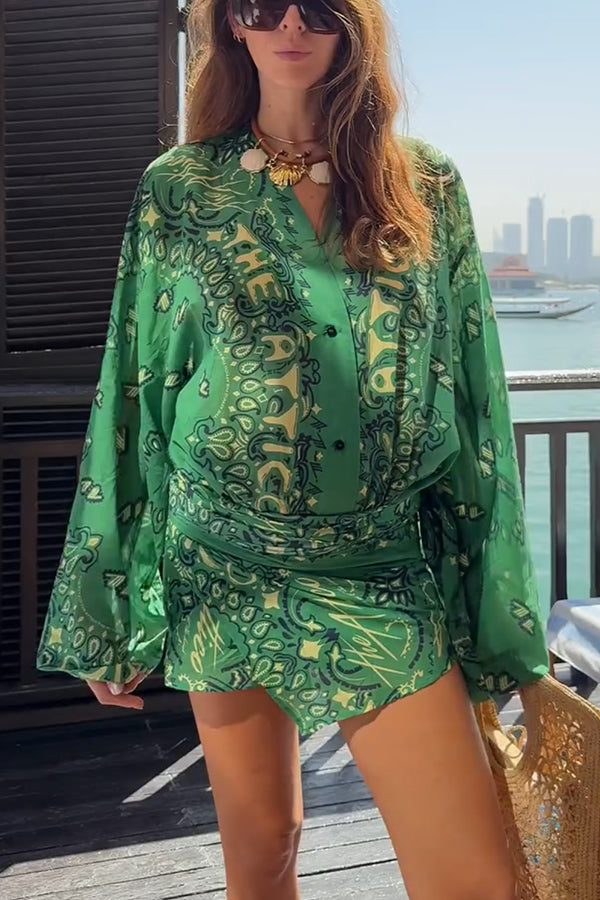 Sulena Linen Blend Ethnic Print Button Up Long Bell Sleeve Warp Tie-up Mini Dress
