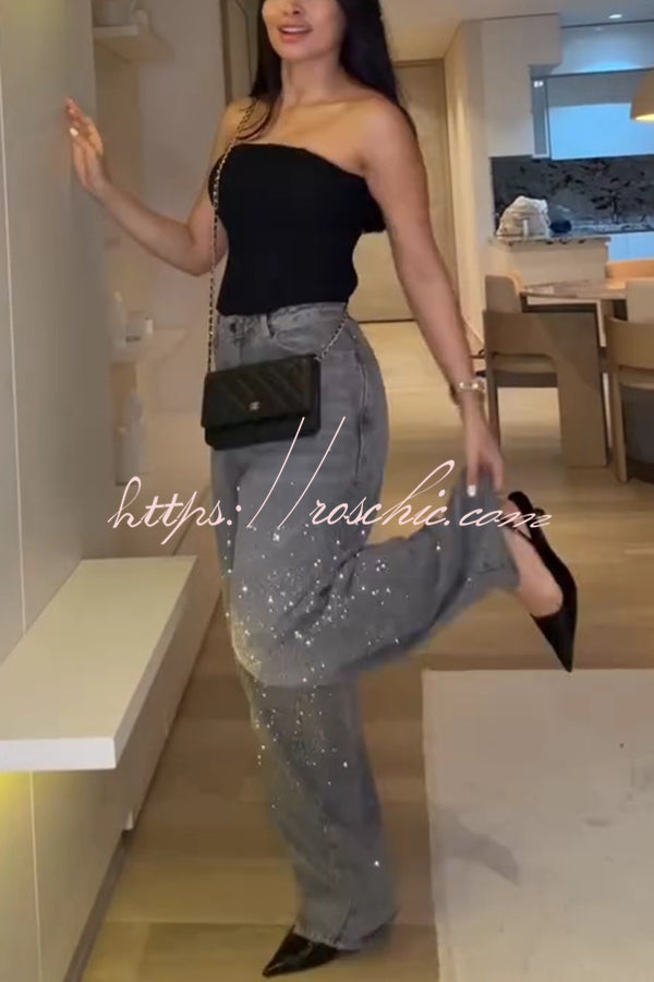 Fashion Star Rhinestone High Rise Casual Pocket Straight Loose Jeans