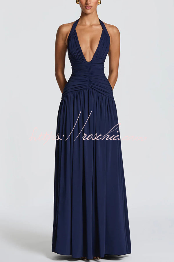 Amaris Halter Tie-up V-neck Ruched Detail Back Lace-up Slit Drape Maxi Dress