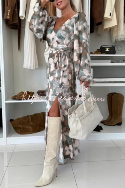 Unique Printed V-neck Long-sleeved Waist Tie Slit Maxi Dress