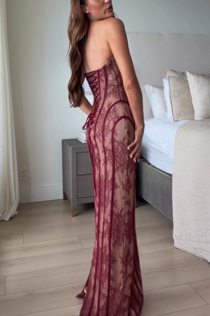 Sian Floral Lace Contrast Structural Detail Back Lace-up Strapless Slit Maxi Dress