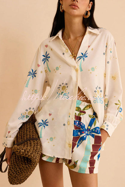 Linen Blend Summer Printed Collared Long-sleeved Shirt and Elastic Waist Pocket Casual Shorts Set