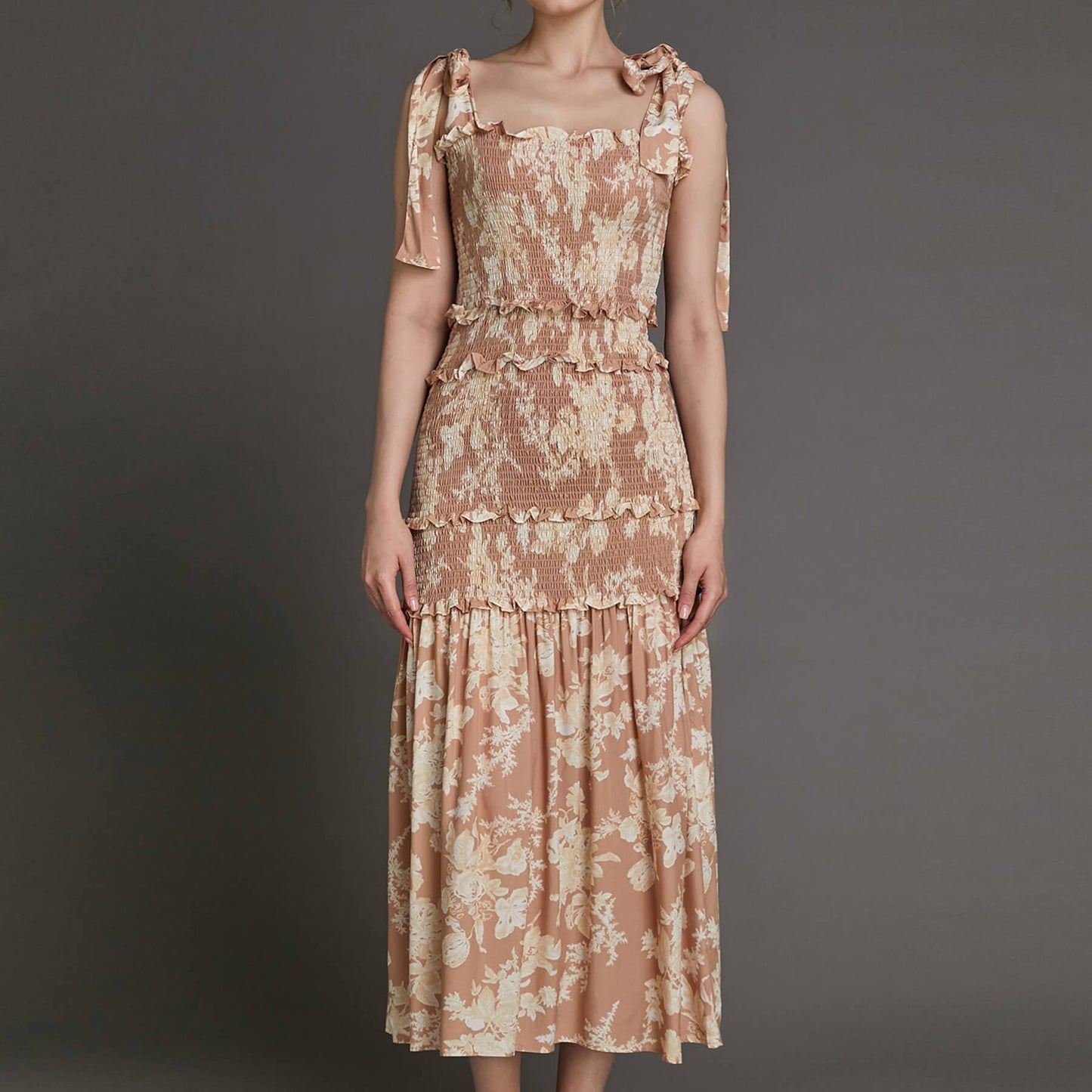 Bisque Floral Print Tie Strap Smocked Ruffled Maxi Dress