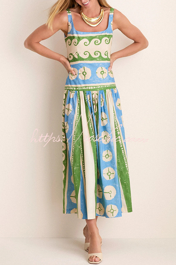 Breezy Linen Blend Fresco-inspired Print Square Neck Drop Waist Midi Dress