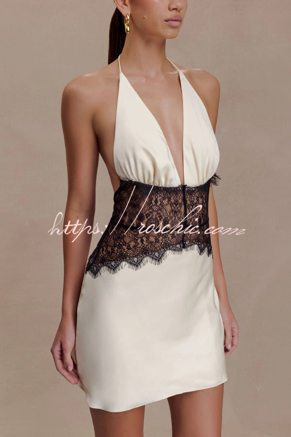 Fashionable Hollowed-out Lace Patchwork V-neck Backless Slim-fit Mini Dress