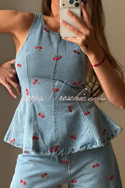 Sweet Casual Denim Cherry Print Princess Seams Flare Vest Top