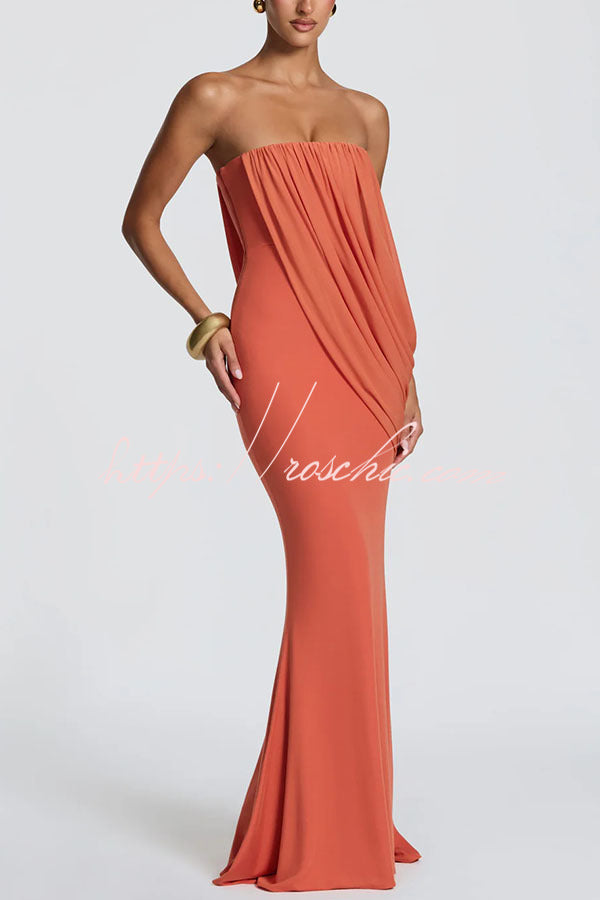 Vienna Modal Jersey Ruched Asymmetric Draped Mesh Strapless Maxi Dress