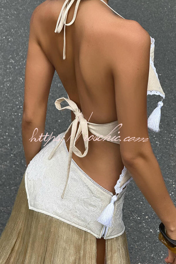 Stylish Halter Neck Lace Up Tassel Pendant Backless Top