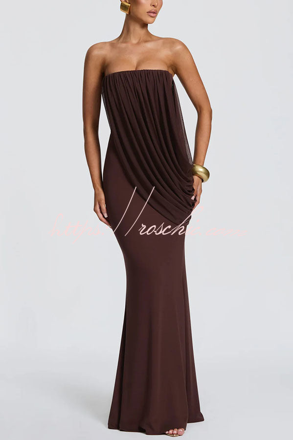 Vienna Modal Jersey Ruched Asymmetric Draped Mesh Strapless Maxi Dress