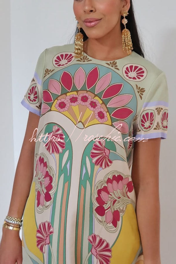 Jazlynn Satin Colorful Baroque Style Printed Short Sleeve Feather Trim Maxi Dress