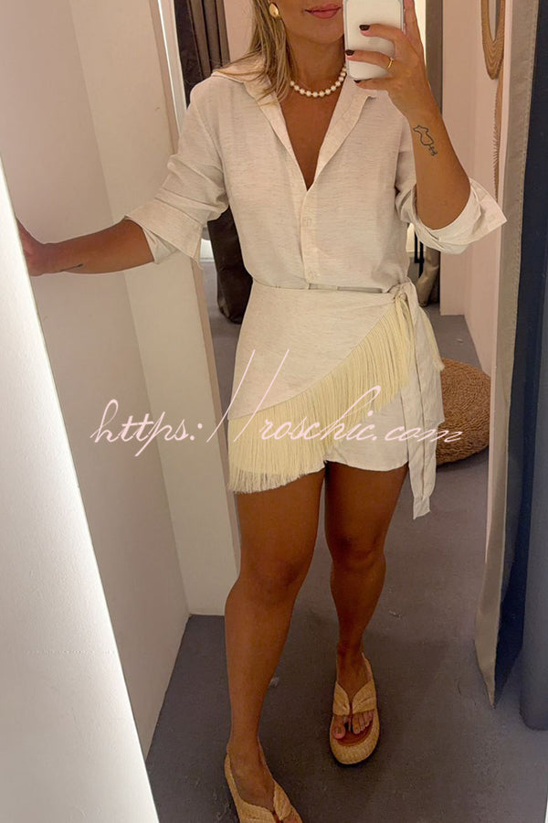 Sorena Linen Blend Button Up Long Sleeve Midi Blouse and Tassel Trim Warp Cover-up Mini Dress Set