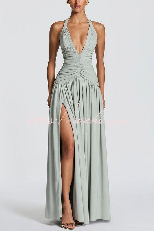 Amaris Halter Tie-up V-neck Ruched Detail Back Lace-up Slit Drape Maxi Dress