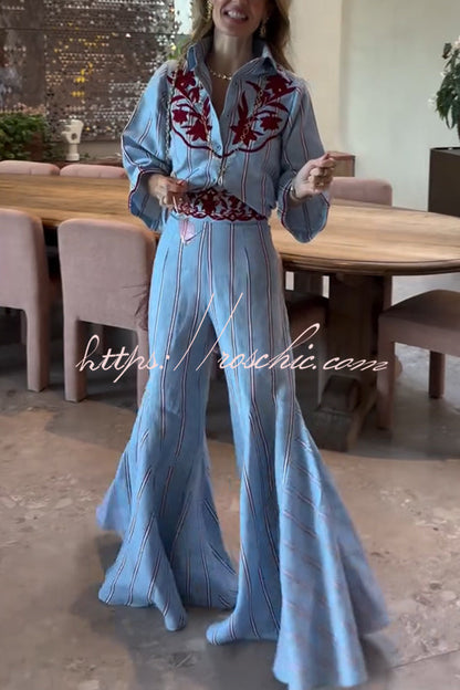 Delirio Linen Blend Floral Embroidery and Stripes Print Bell Sleeve Tie-up Blouse
