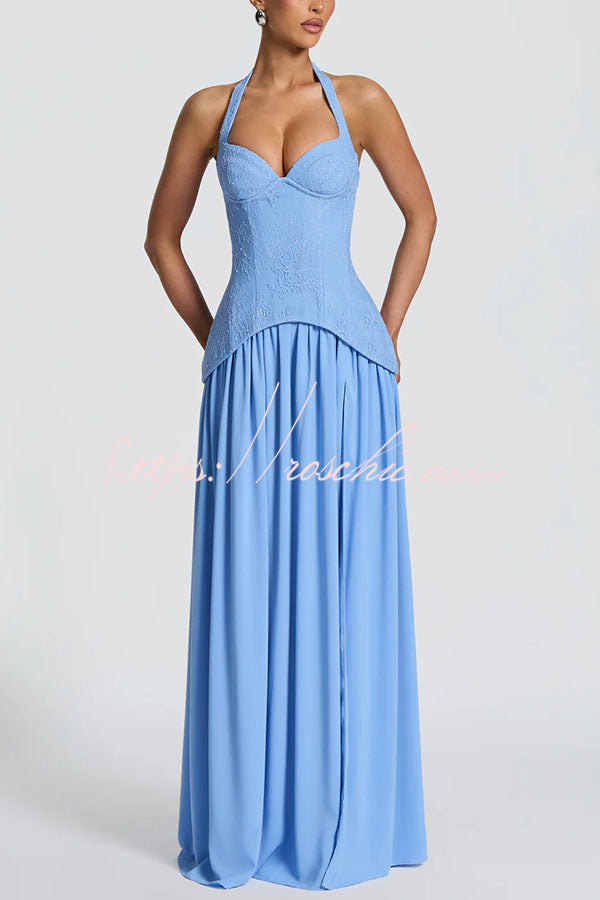 Almira Crepe and Lace Bodice Back Lace-up Chiffon Pleated Hem Maxi Dress