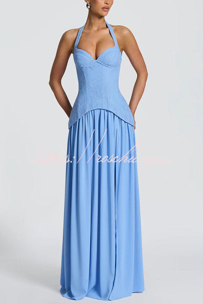Almira Crepe and Lace Bodice Back Lace-up Chiffon Pleated Hem Maxi Dress