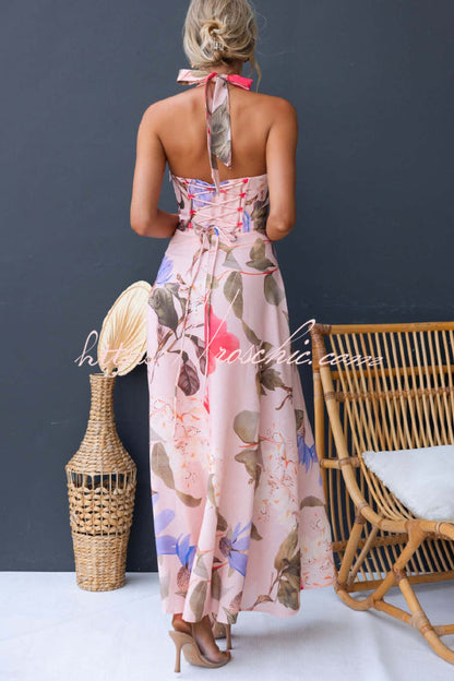 Floral Print V-neck Backless Tie-up Fitted Waist Elegant Maxi Dress