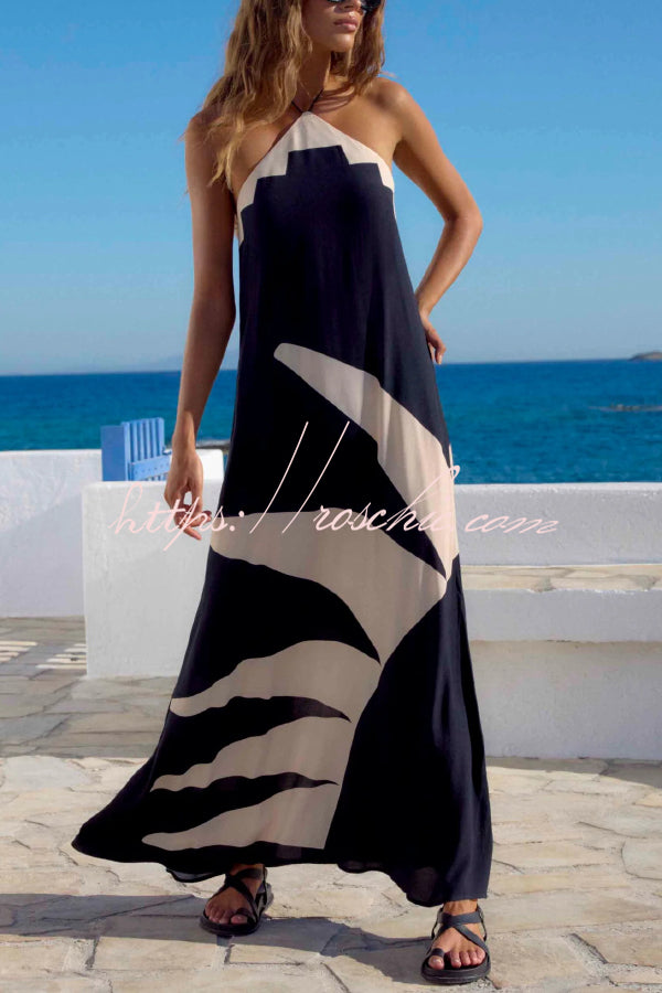 Stylish Color-blocked Print Halter Neck Backless Casual Vacation Maxi Dress