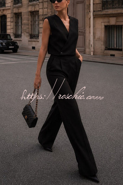 Office Hours V-neck Button Tank and Pleated High Rise Pocket Loose Pants Set