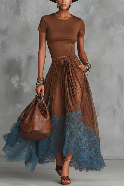 Stylish Round Neck Short-sleeved Fitted Top and Elastic Waist Pockets Lace Hem Maxi Skirt Set