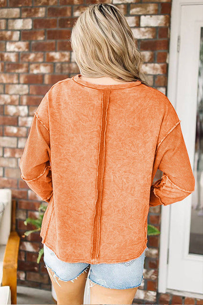 women's loose casual style raw edge long sleeve top