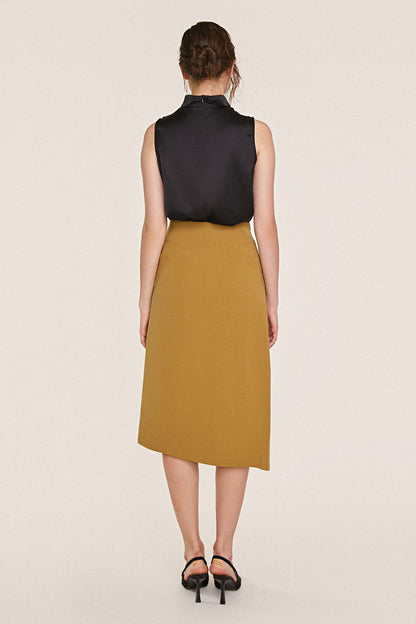 Black Sleeveless High Draped Neck Satin Work Blouse