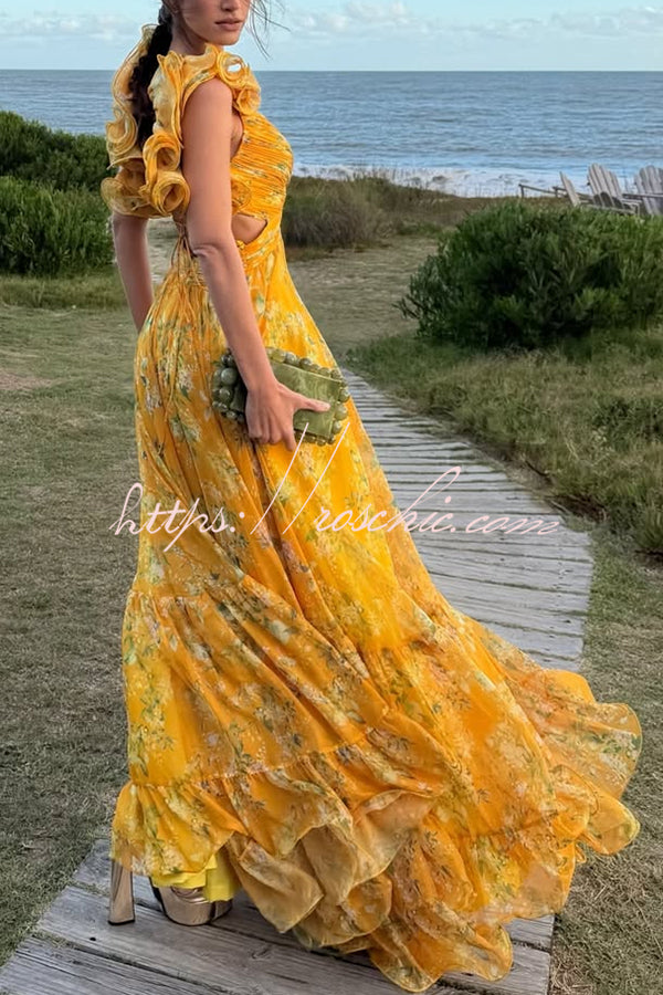 Delicate Garden Chiffon Floral Print Tiered Ruffle Cutout Back Lace-up Gown Maxi Dress