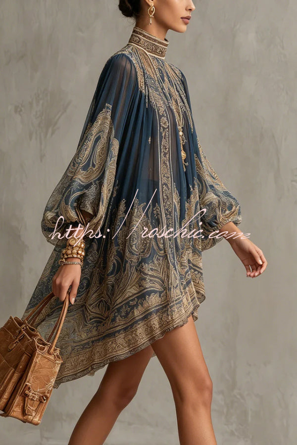 Baroque Print High-neck Irregular Chiffon Mini Dress