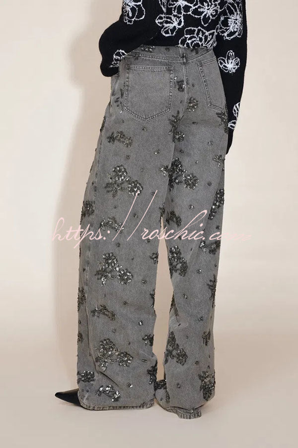 Jhenie Denim Beaded Sequin Floral Pattern Mid Rise Pocket Wide Leg Jeans