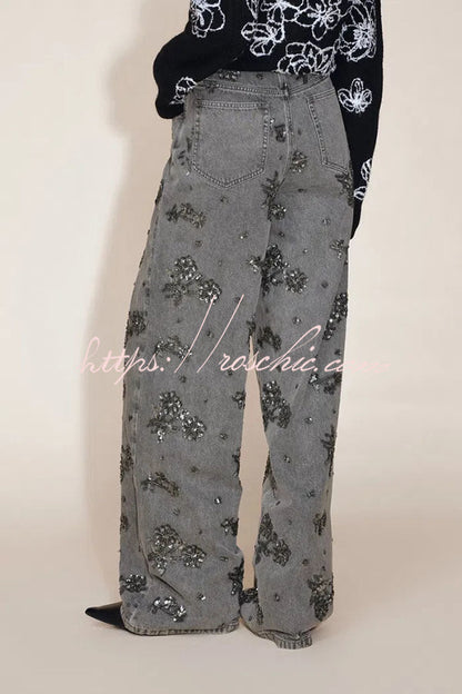 Jhenie Denim Beaded Sequin Floral Pattern Mid Rise Pocket Wide Leg Jeans
