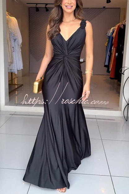 Glow Together Satin Knot Design Shoulder Strap Sleeveless Drape Slit Maxi Dress