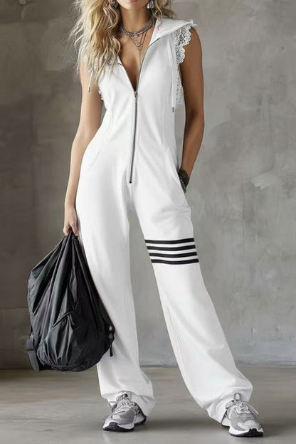 Stylish Hooded Sleeveless Lace Zipper Casual Sports Jumpsuit