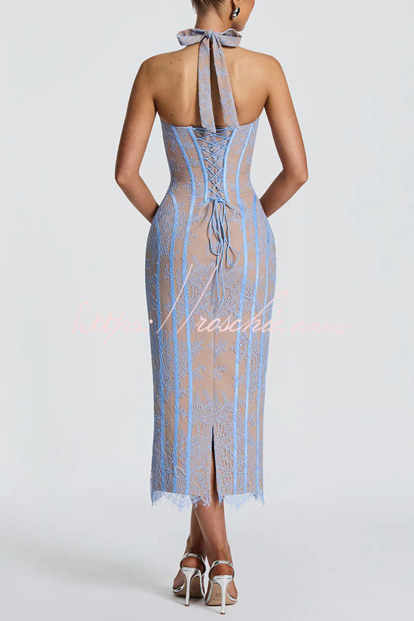 Rona Floral Lace Contrast Structural Detail Back Lace-up Halter Slit Midi Dress