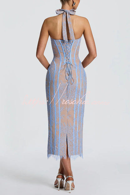 Rona Floral Lace Contrast Structural Detail Back Lace-up Halter Slit Midi Dress