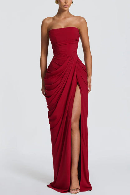 Cyra Back Lace-up Asymmetrical Pleats Strapless Slit Maxi Dress(Buy 2 Get Free Shipping)