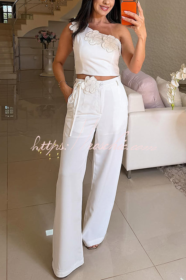 Alick Floral Detail One Shoulder Crop Top and Floral Belt High Waist Pocket Wide Leg Pants Set