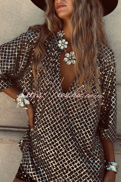 All about Glam Collar Sequin V-neck Half Sleeve Loose Top