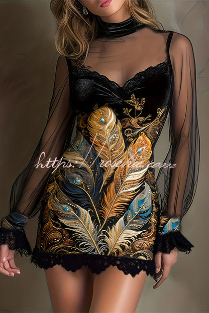 Enchanted Garden Sheer Mock Neck Velvet Dress