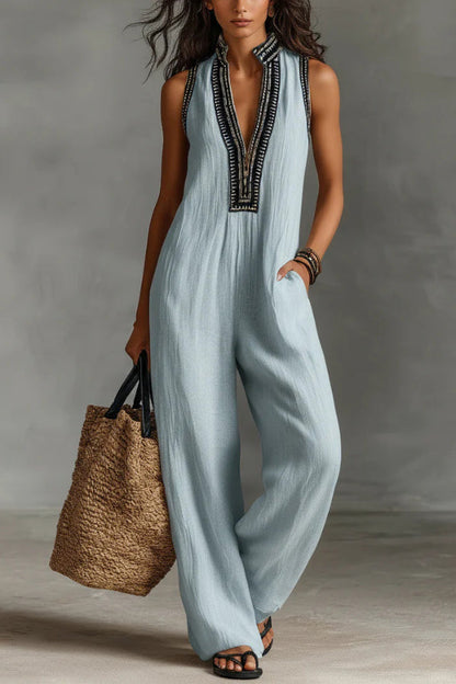 Linen Blend Sleeveless V-neck Casual Pocket Loose Jumpsuit