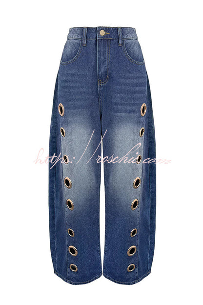 High-Street Edgy Eyelet Cut-Out Baggy Jeans
