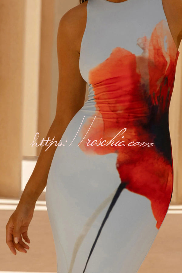 Floral Print Sleeveless Slim-fit Elegant Fishtail Maxi Dress