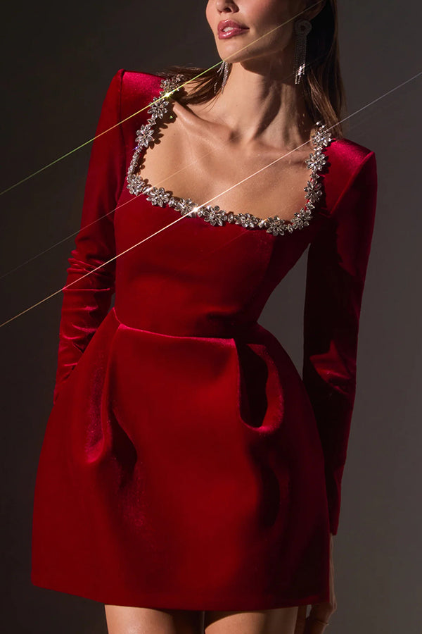 Endless Celebration Velvet Jewel Embellished Trim Long Sleeve Pocketed Mini Dress (Shipped Within 24 Hours)