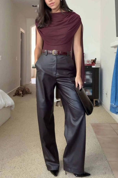 Elegant High-waist Wide-leg Faux Leather Pants