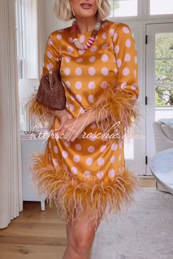 Playful and Cute Satin Polka Dot Print Half Sleeve Feather Trim H-line Mini Dress