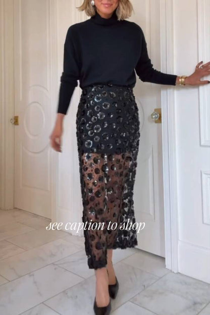 Women's Flower Sequin Sheer Midi Skirt