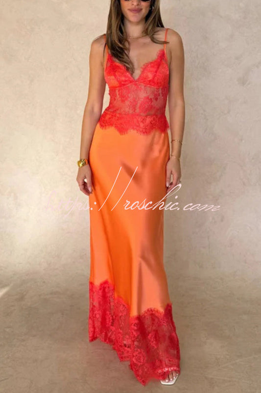 Fashionable Satin Lace Patchwork Sheer V-neck Elegant Slim-fit Maxi Dress